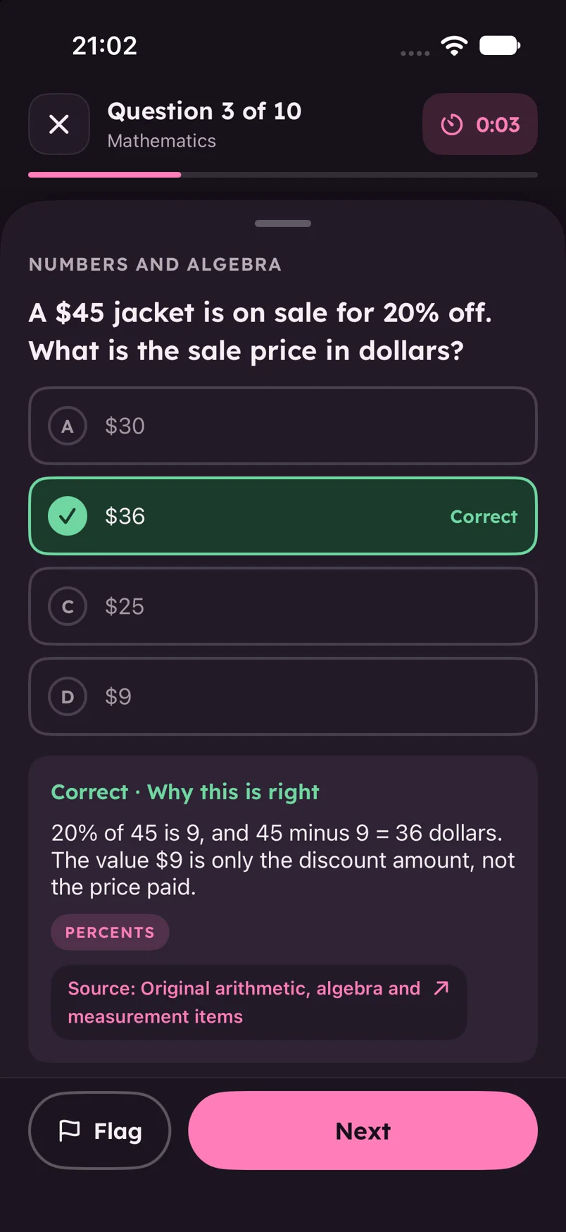 A practice question with the correct answer marked, a short explanation and a source link