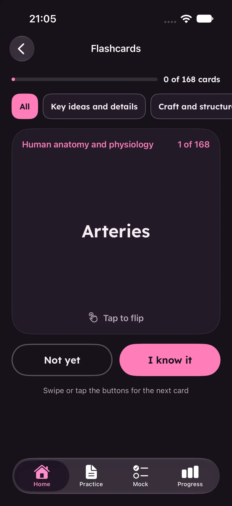 A flashcard showing the term Arteries with Not yet and I know it buttons