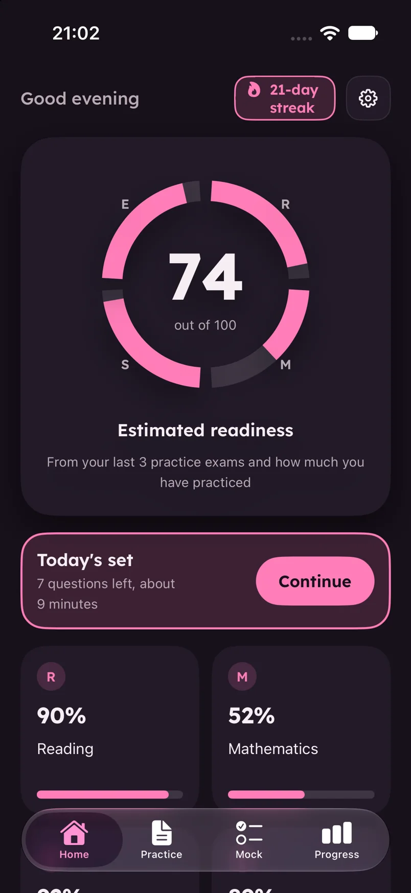 Candystripe home screen showing the readiness ring split into four sections and today’s set