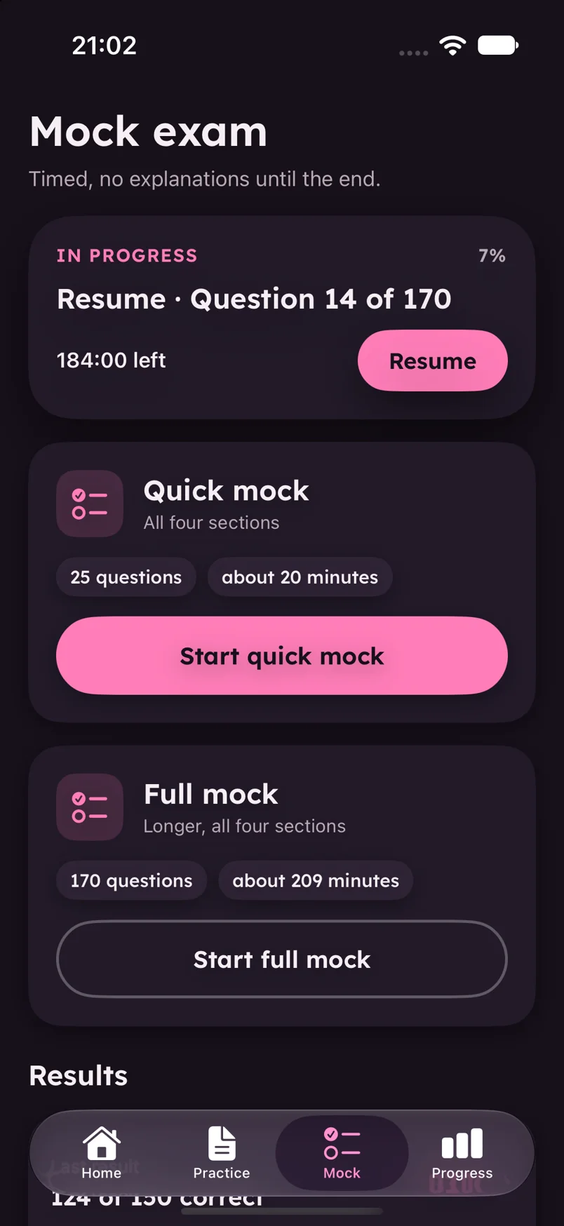 Mock exam screen with a quick mock of 25 questions and a full mock of 170 questions