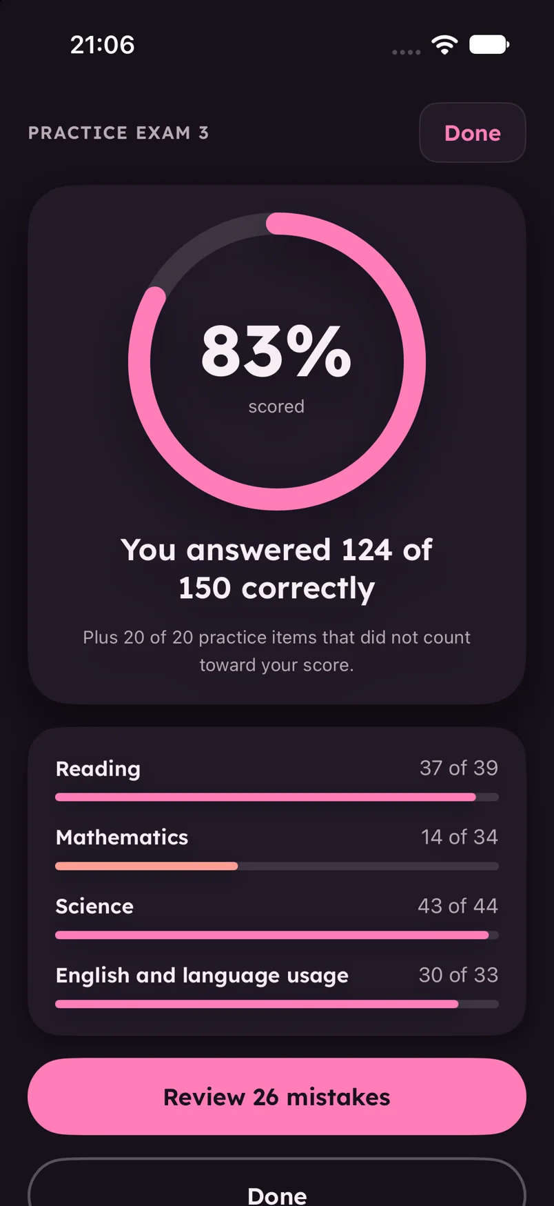 Exam result screen with section scores and a Review mistakes button